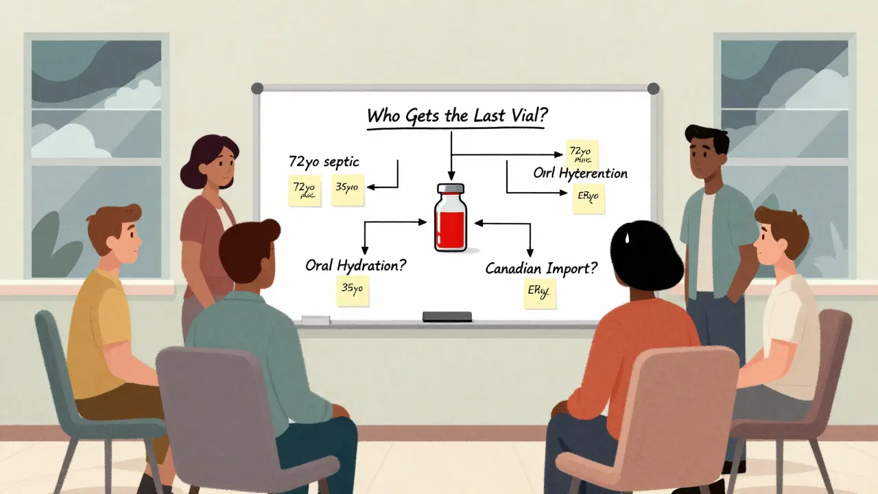 Hospital team around a whiteboard debating who gets the last life-saving vial during a drug shortage.