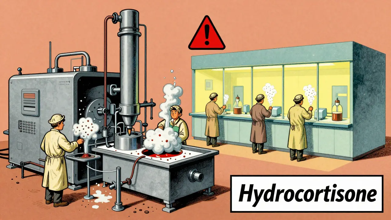 Inside a generic drug factory with open machinery releasing dust, clean rooms in contrast, warning icon above contaminated batch.
