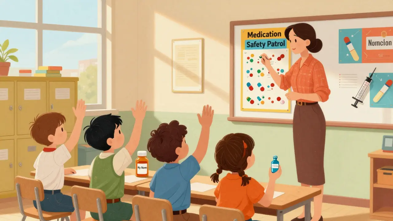 Kindergarten children learn about medicine safety with a teacher using a colorful poster.
