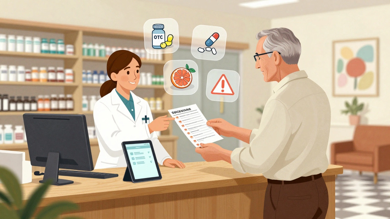 Man handing medication list to pharmacist in vintage-style pharmacy
