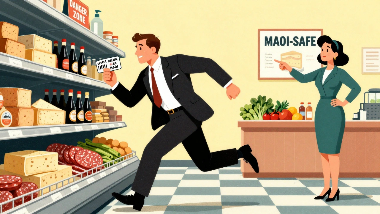 Man rushing past dangerous foods in grocery store, holding emergency card, guided by a dietitian toward safe options.