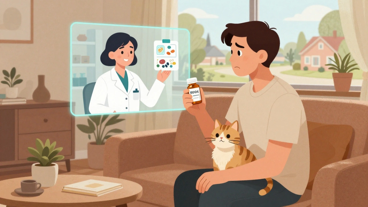 Patient at home video-calling pharmacist about new medication, surrounded by mid-century decor.