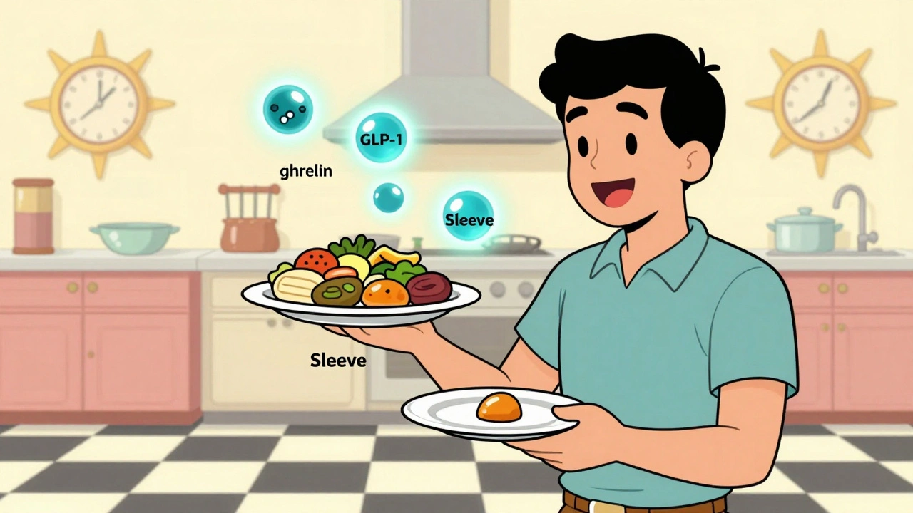 Patient comparing food portions with glowing hormone molecules in a retro kitchen setting.