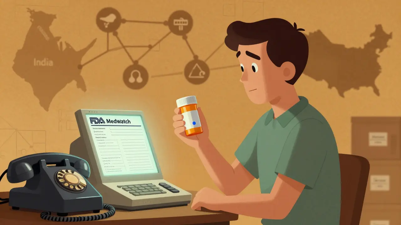 Patient holding pill with blue speck, beside MedWatch form, supply chain map in background.