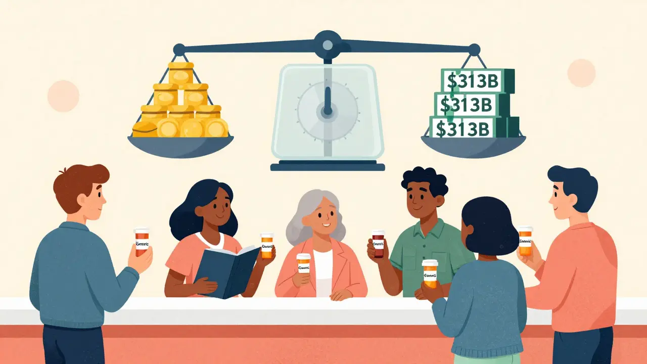 Patients collecting generic medications as a scale balances patent thickets against billions in savings.