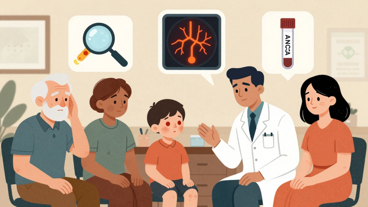 Patients in a doctor&#039;s office with floating diagnostic icons representing vasculitis tests and symptoms.