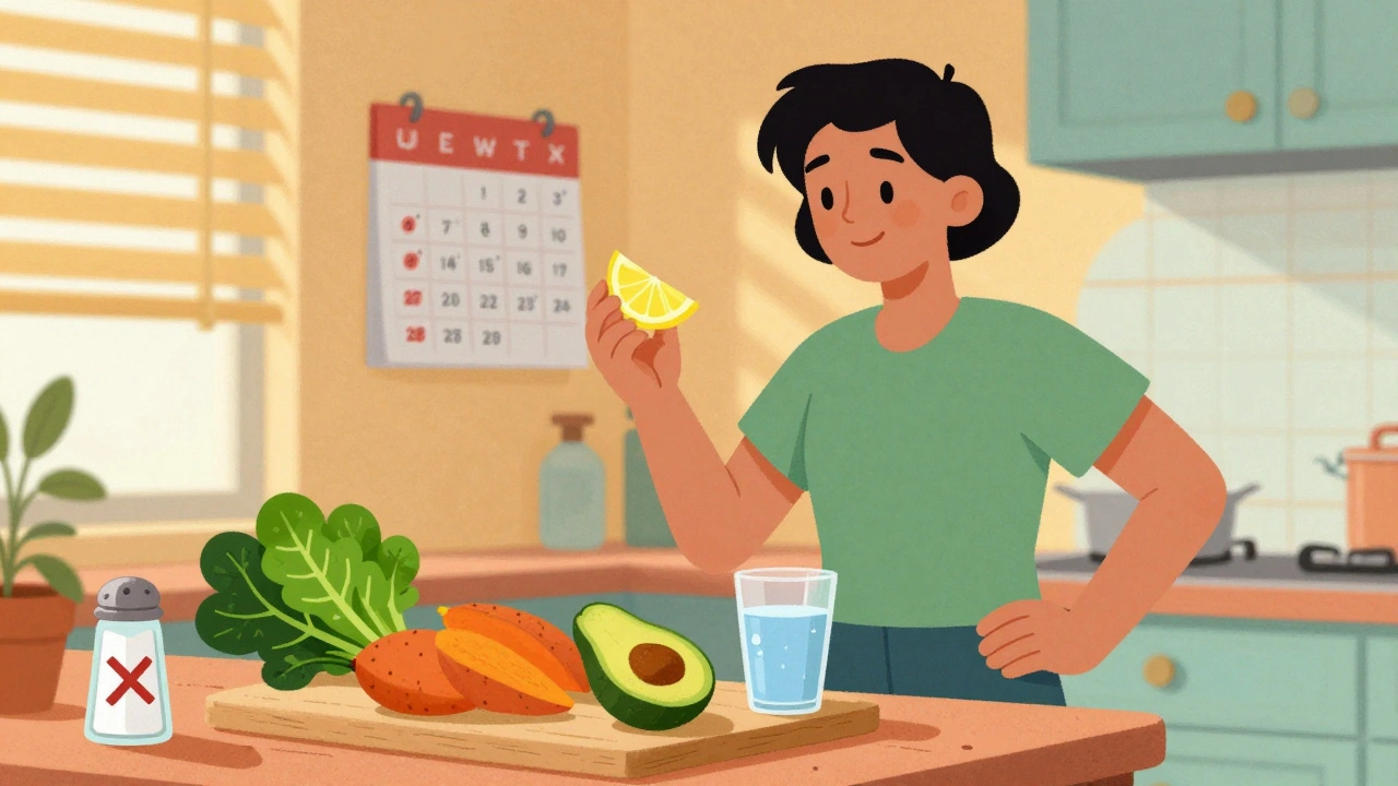 Person cooking healthy meal with vegetables and water, salt shaker marked with X.