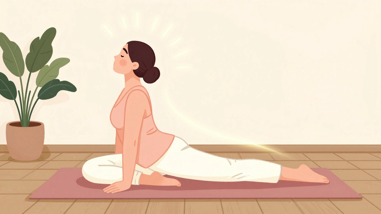 Person doing gentle yoga, face showing improved definition, soft recovery glow.