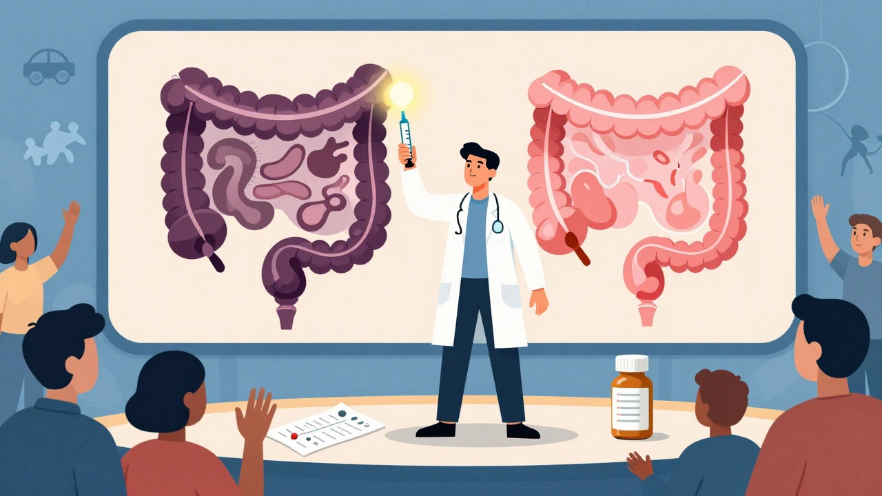 Person holding biologic injection as colon transforms to health, with supportive figures in background