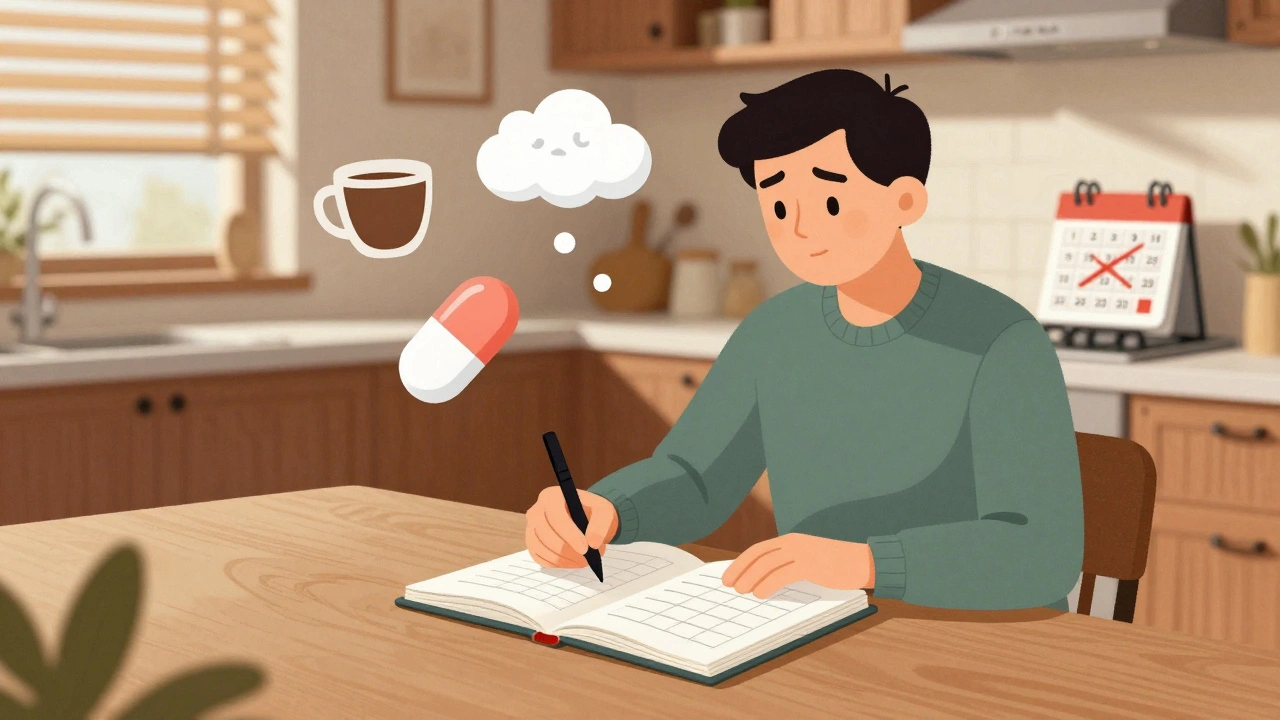 Person journaling symptoms at a mid-century kitchen table with floating trigger icons