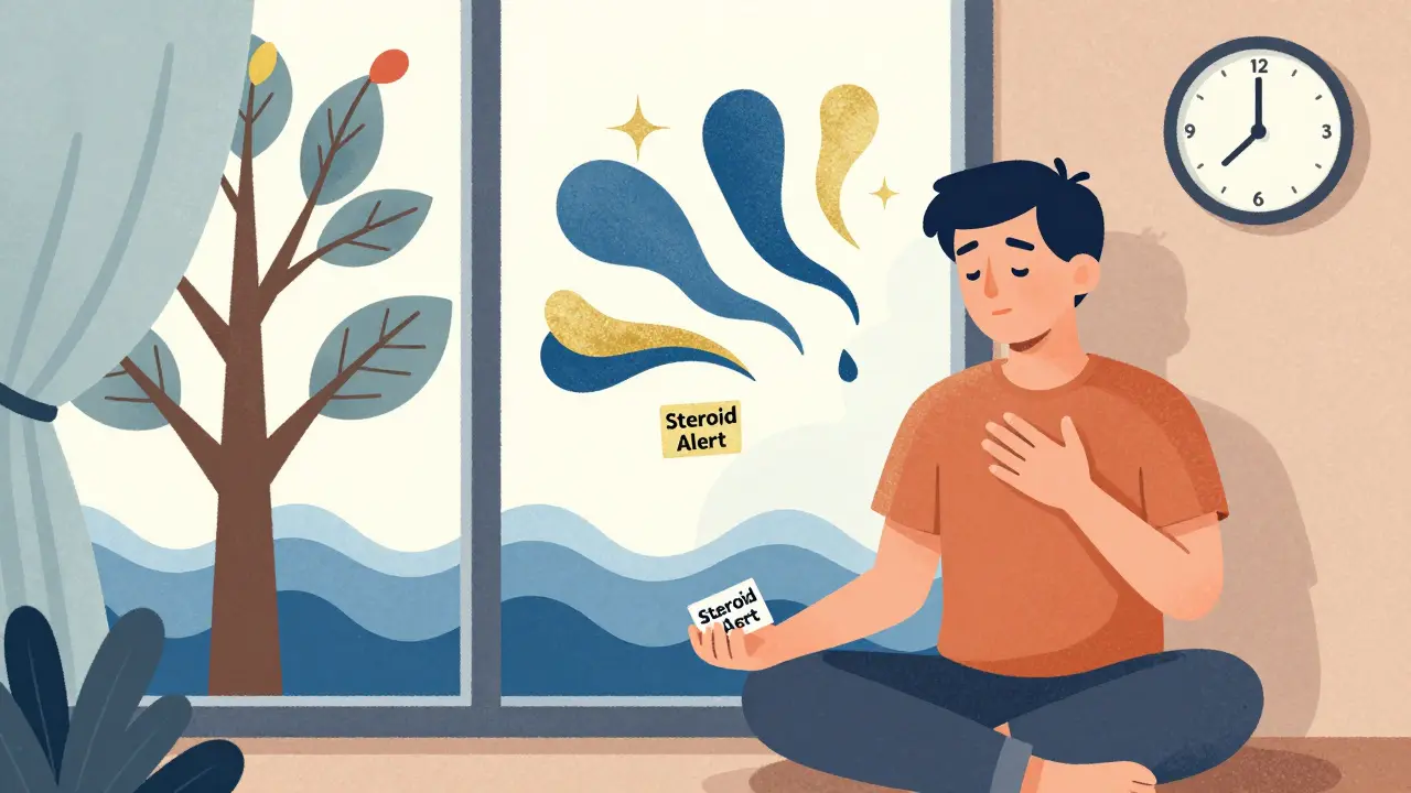 Person meditating at dawn with steroid alert card, abstract symptoms fading into calm waves of color.