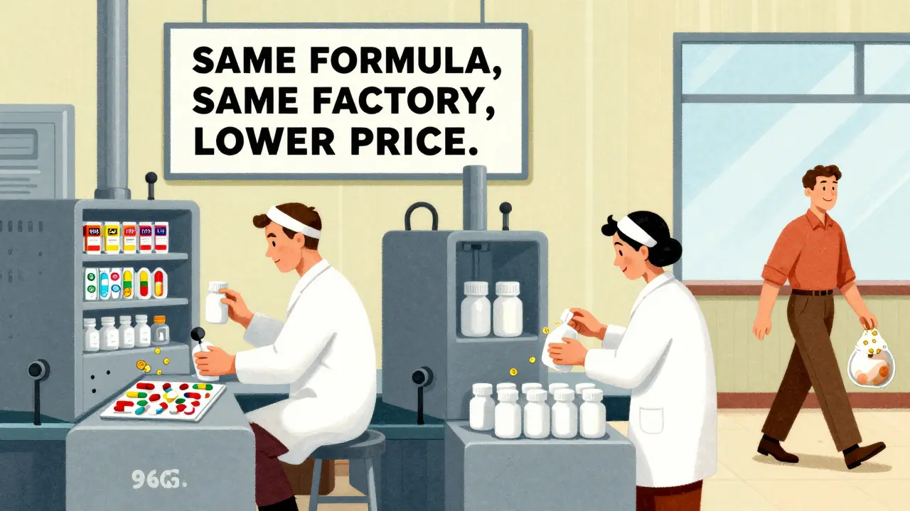 Pharmaceutical factory with two parallel production lines making identical pills in different packaging.