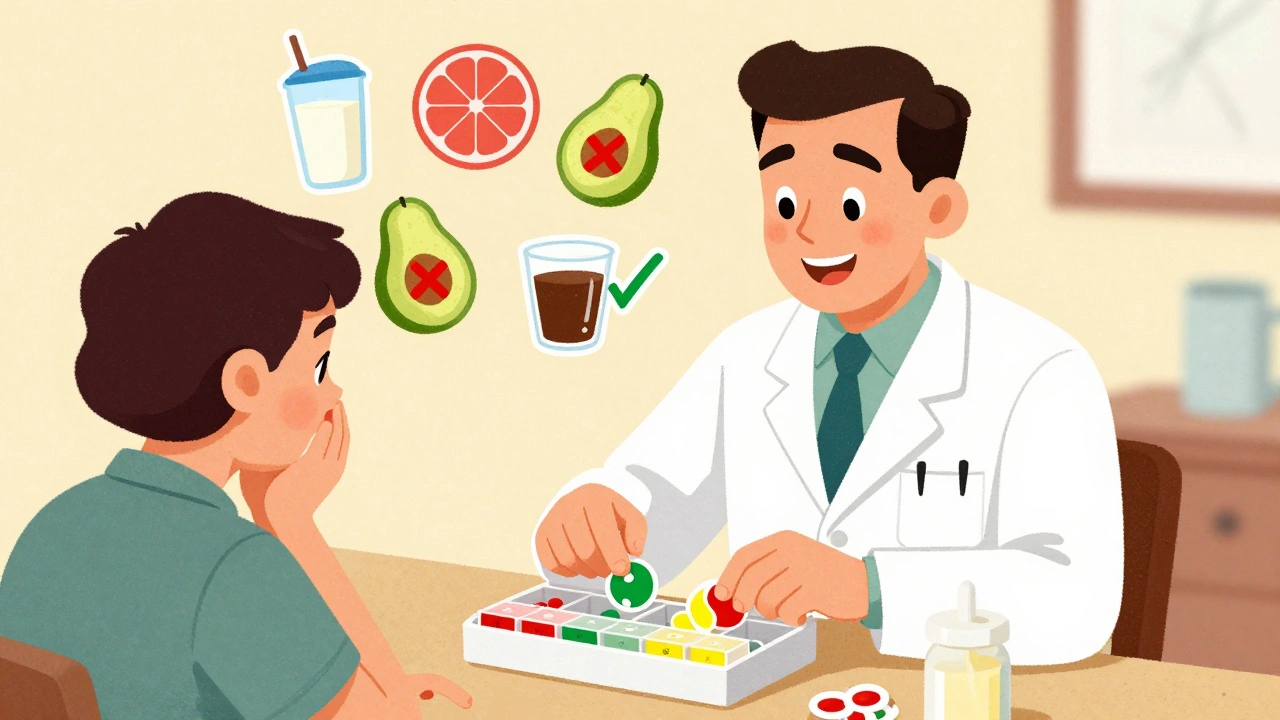 Pharmacist applying color-coded stickers to pill organizer with food interaction icons