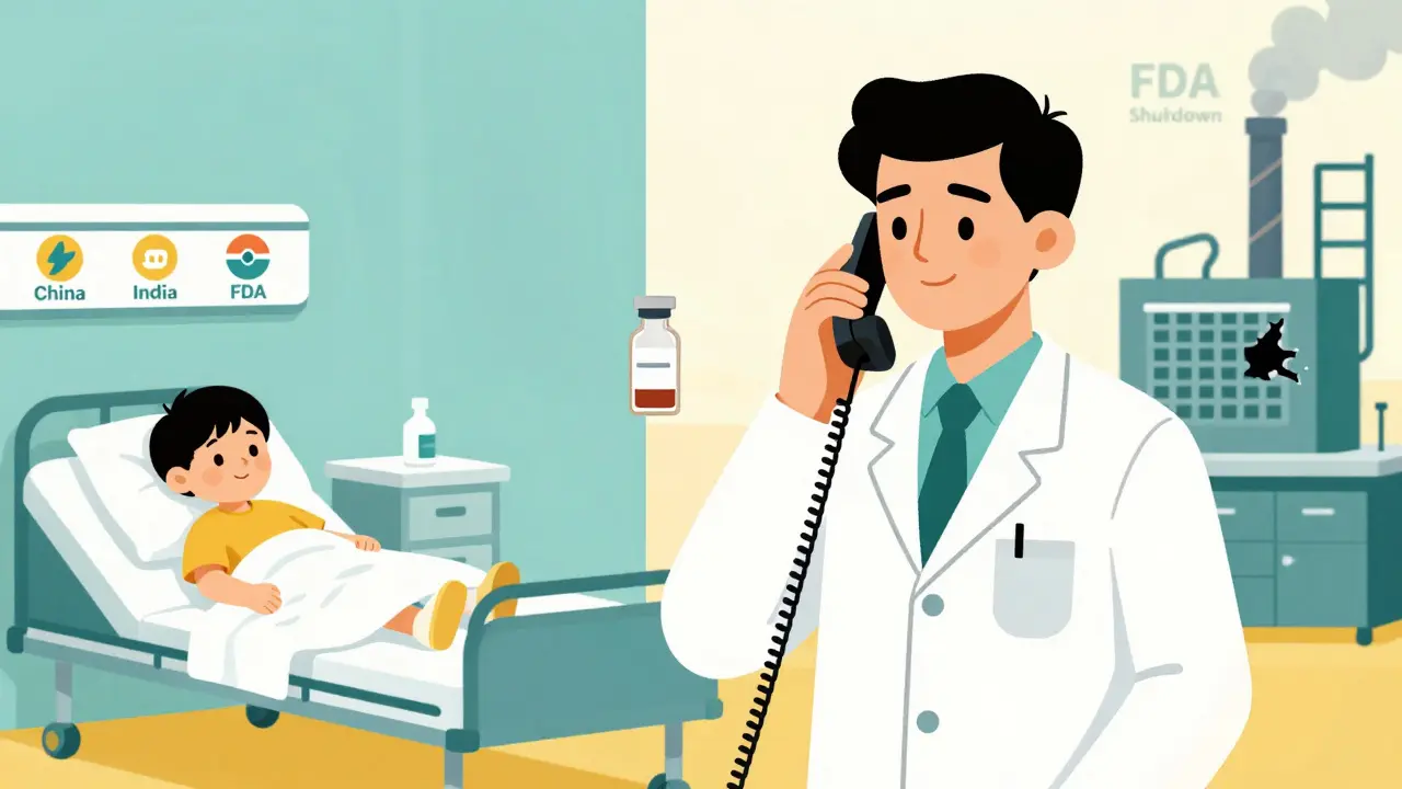 Pharmacist on phone holding one vial, split between a patient and a broken factory overseas.