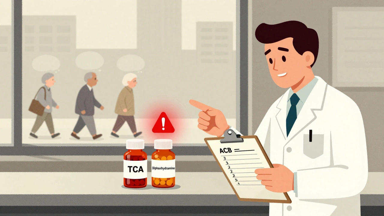 Pharmacist warning about dangerous drug combination with ACB score chart visible.