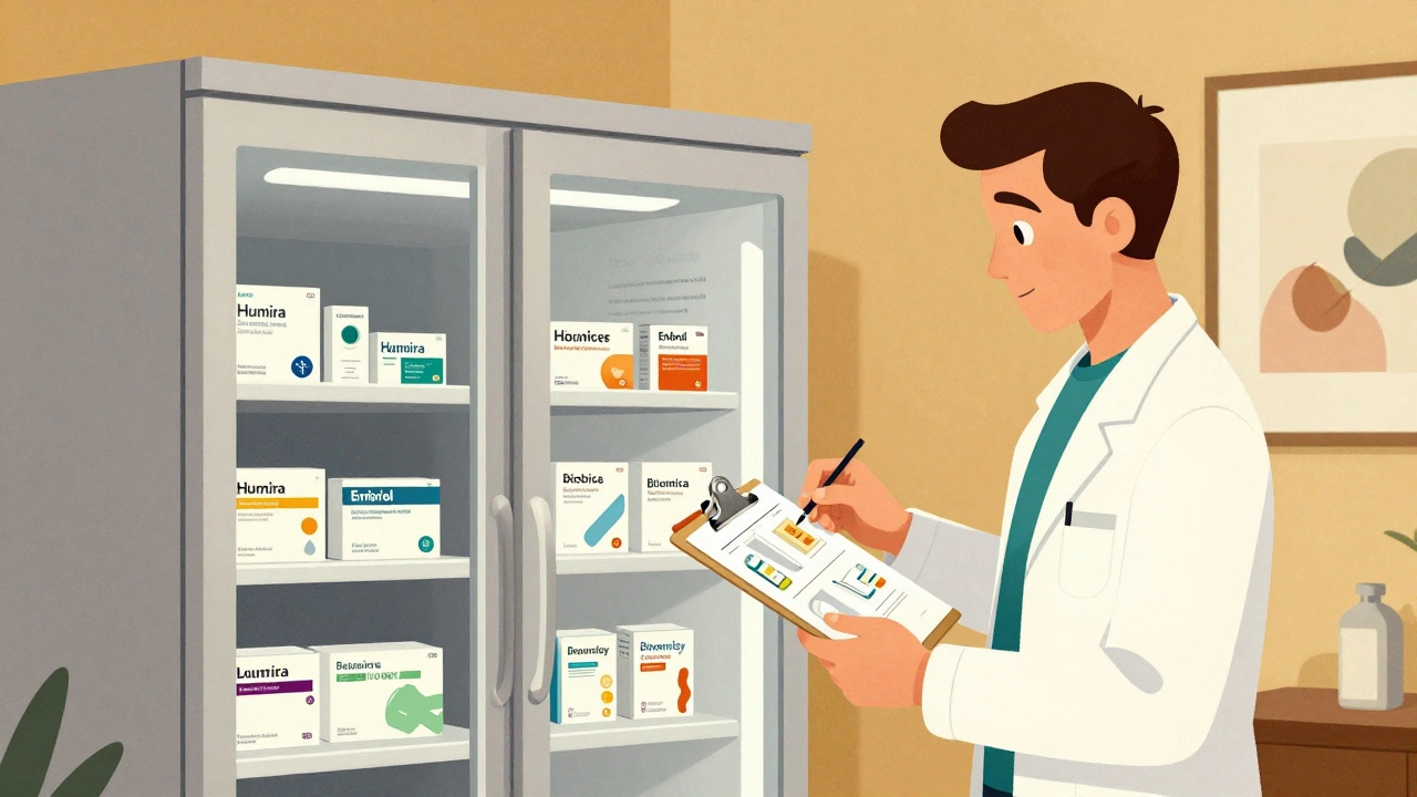 Specialty pharmacy storage room with refrigerated biologics and biosimilar packaging on display.