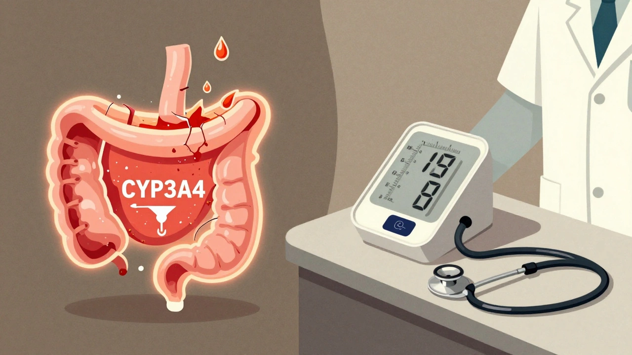 Split illustration showing gut enzyme blocked by grapefruit and blood pressure crashing.