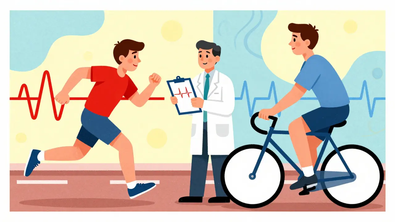 Split scene of runner with racing vs. steady heart, illustrated in vintage health poster style