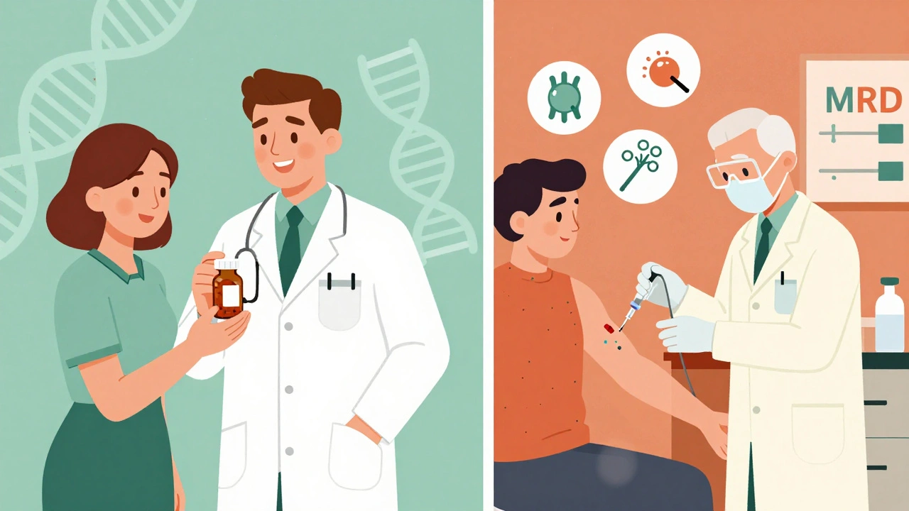 Split scene: patient taking targeted pills and receiving CAR T-cell therapy in a retro-style medical setting.