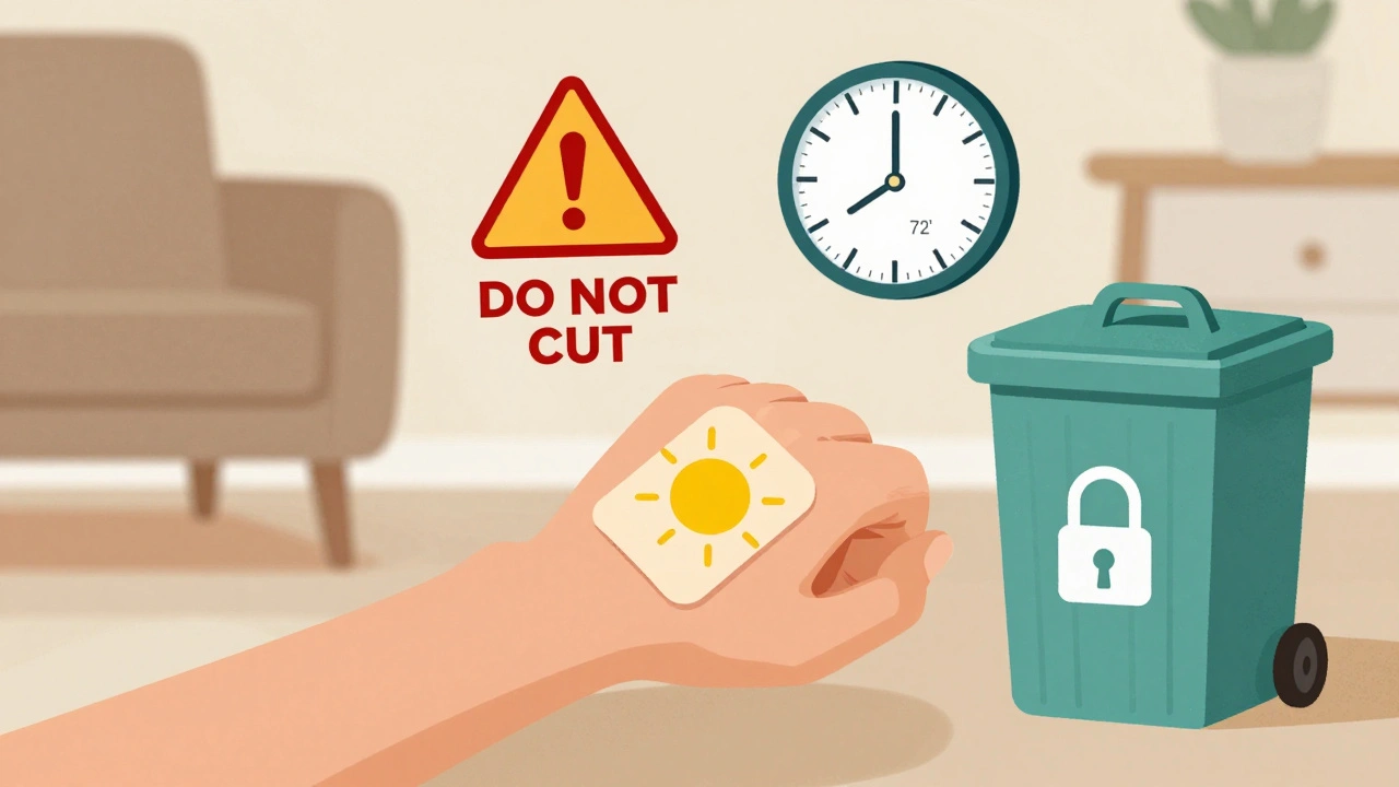 Transdermal patch being applied with warning icons and precise 72-hour timer shown.