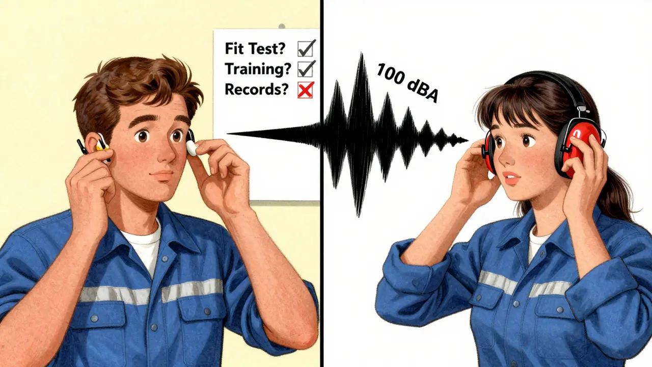 Workers selecting hearing protection with proper and improper techniques shown side by side.