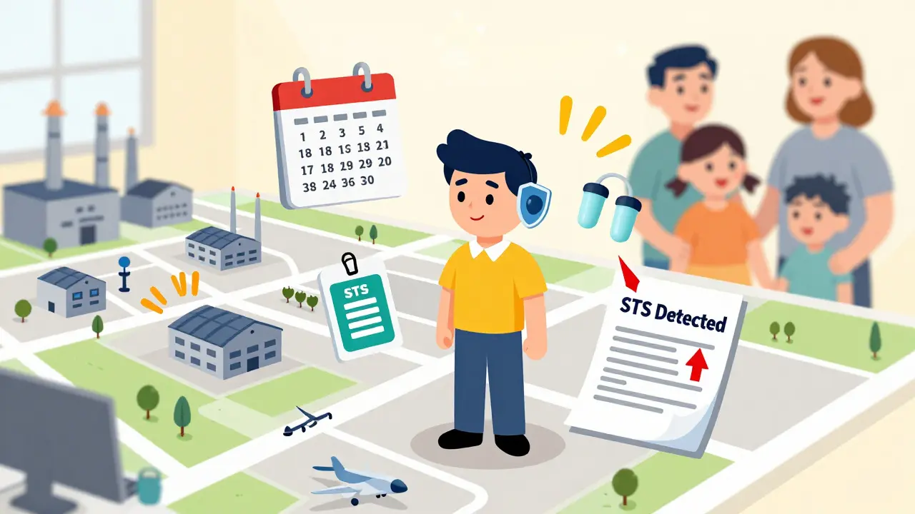 Workplace map highlighting noisy areas and hearing conservation elements like tests and protectors.