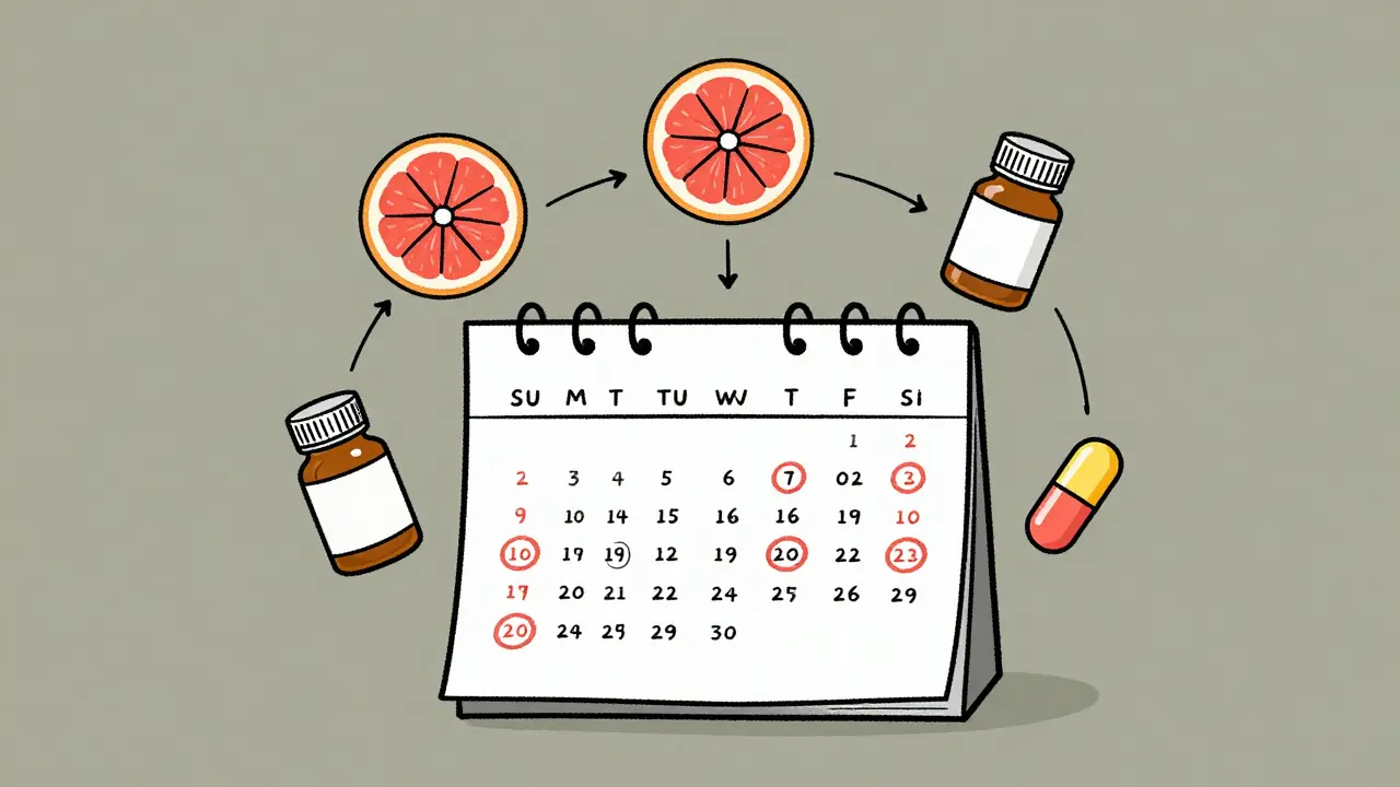 A calendar with blood test dates and floating symbols of medications and foods that interact with hormone therapy, drawn in mid-century style.