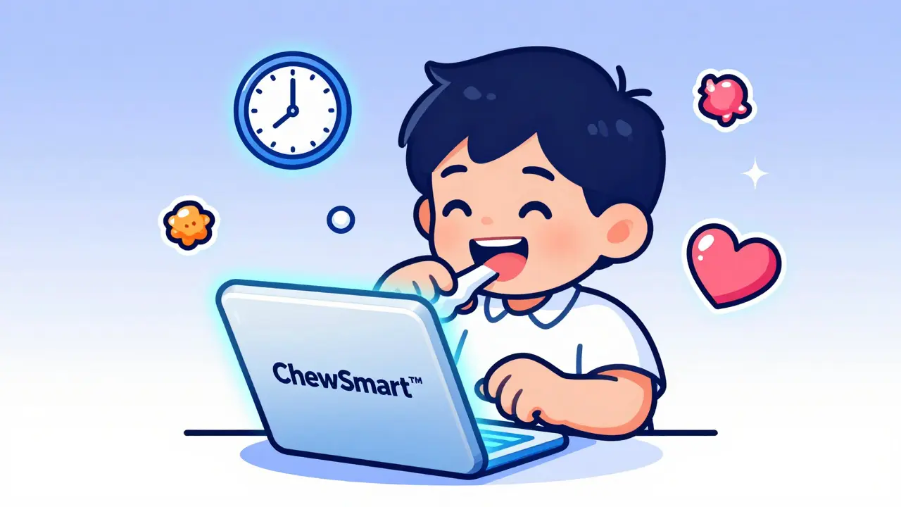 A color-changing chewable tablet being chewed by a child, with visual cues for proper chewing time.