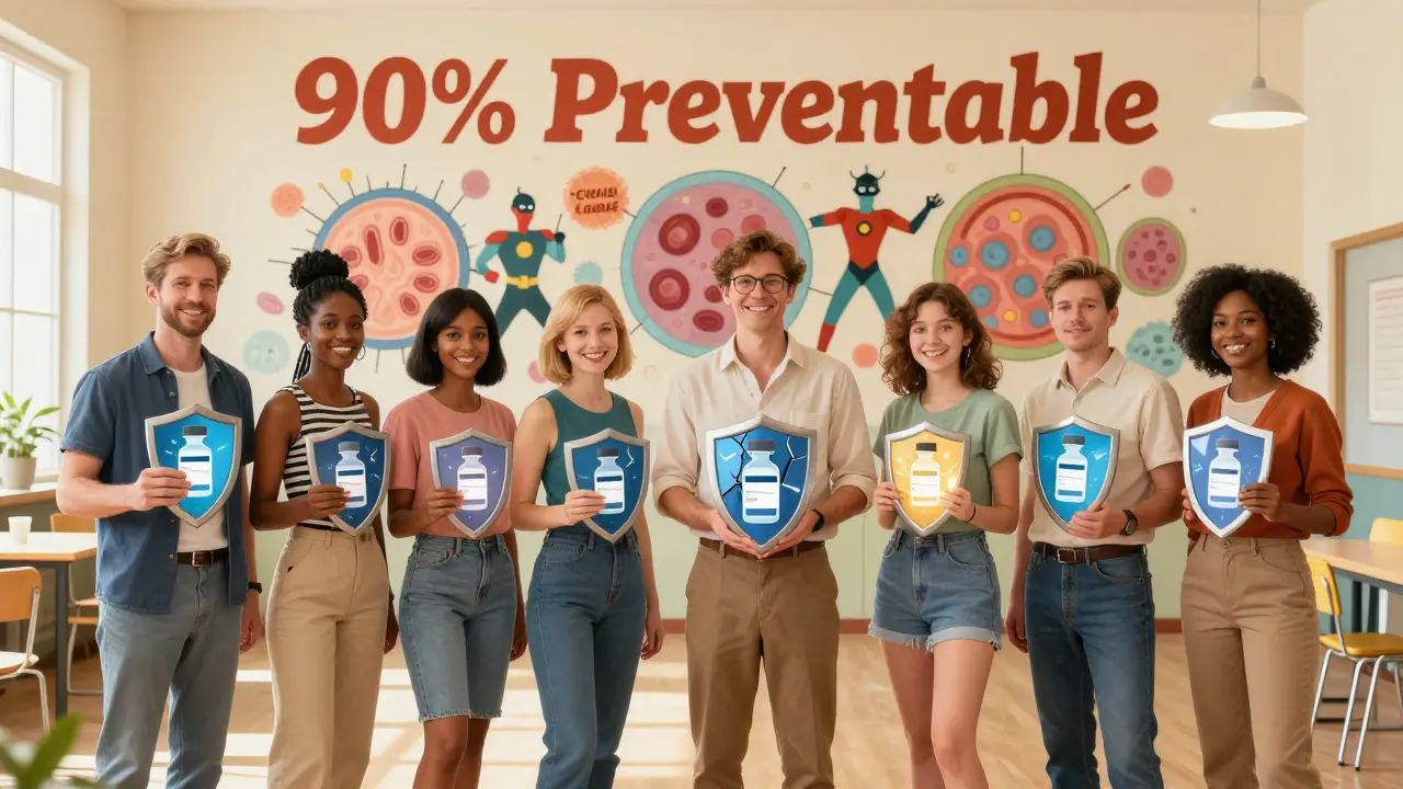 A diverse group holding vaccine shields, with a mural of immune defenders protecting against HPV-related cancers.