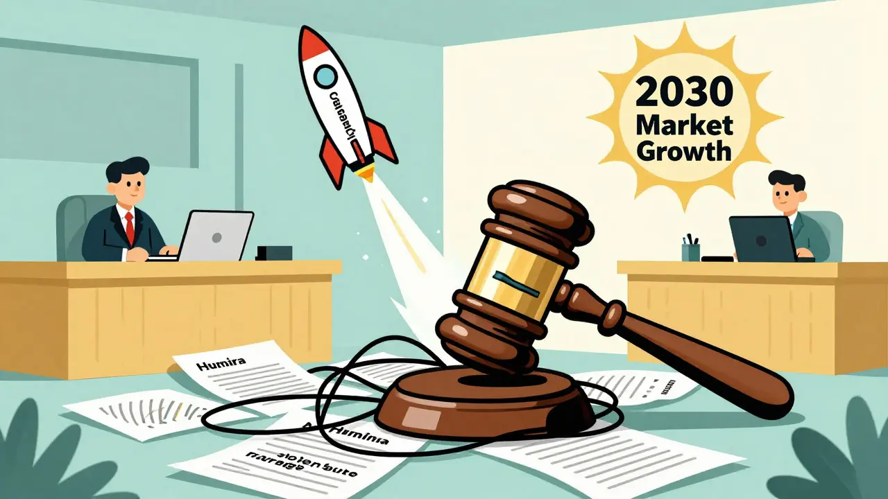 A DNA-shaped gavel smashes patent documents as a biosimilar rocket launches toward a 2030 growth sunburst.