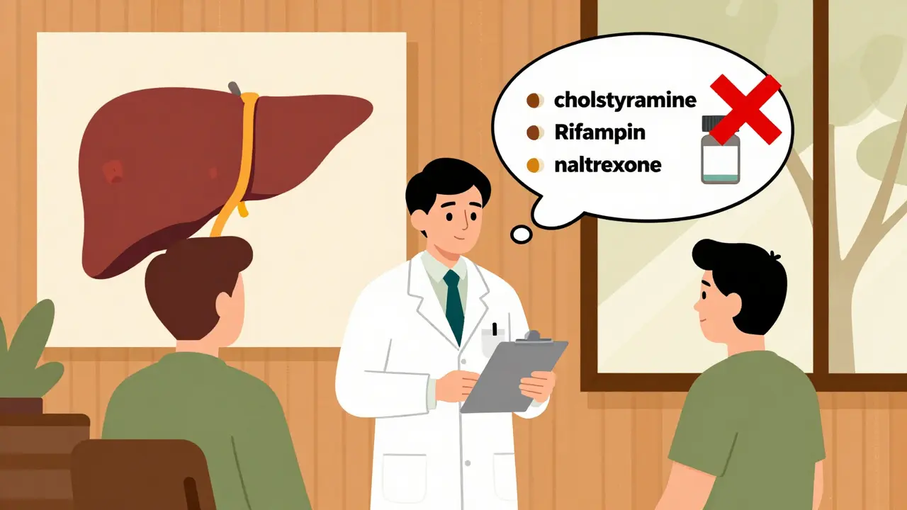 A doctor and patient with stacked treatment pills and a crossed-out antihistamine bottle.