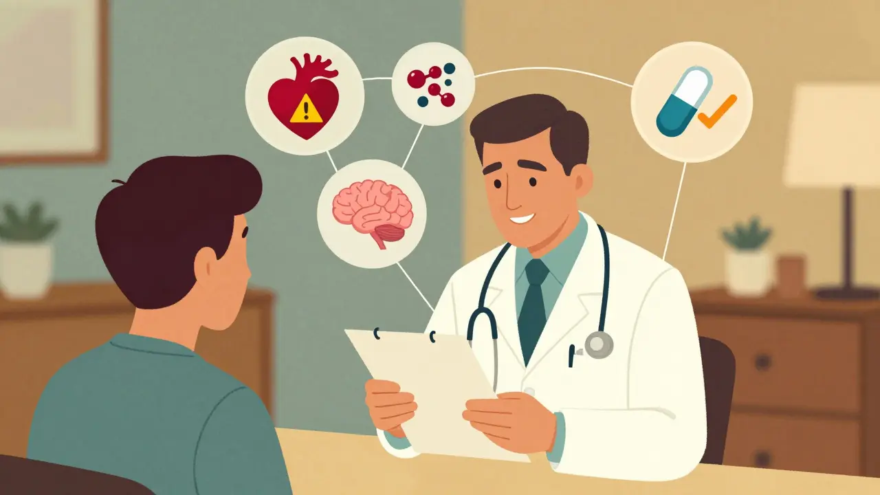 A doctor and pharmacist reviewing a chart with floating icons representing drug interactions, heart, brain, and PrEP pill symbols above them.
