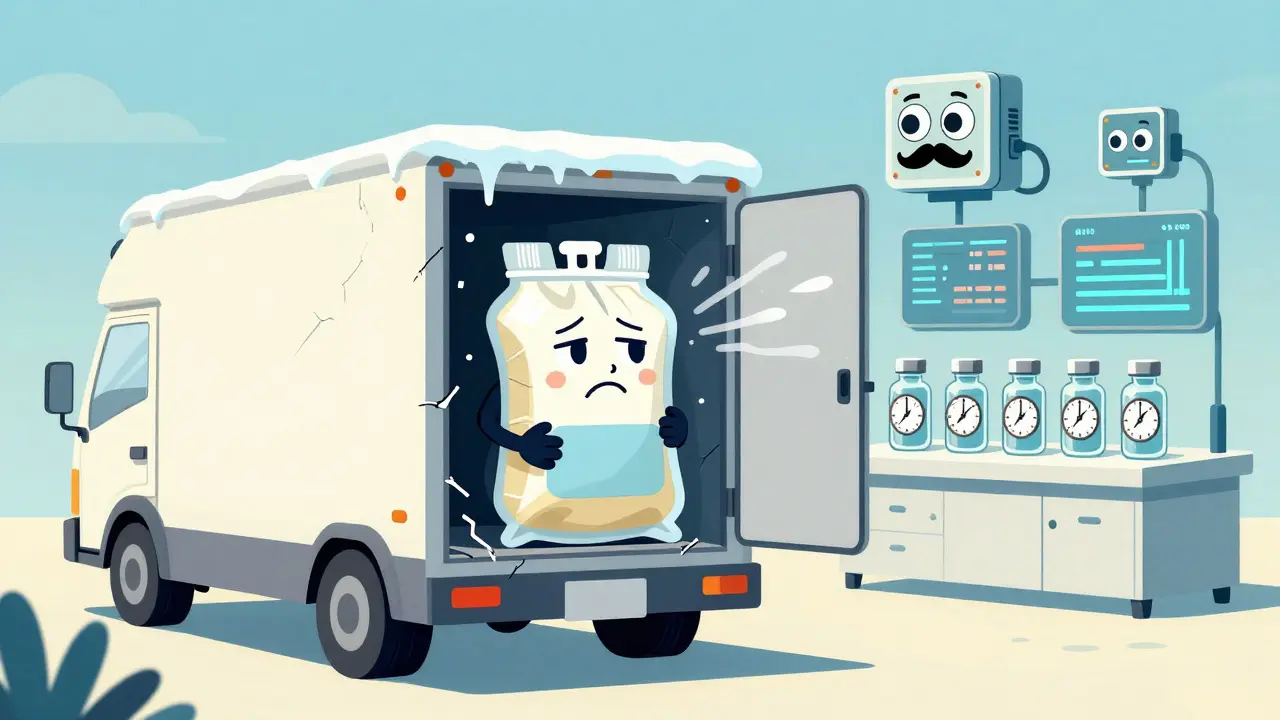 A fragile biosimilar bag in a broken cold chain, with AI sensors monitoring expiration clocks in retro style.