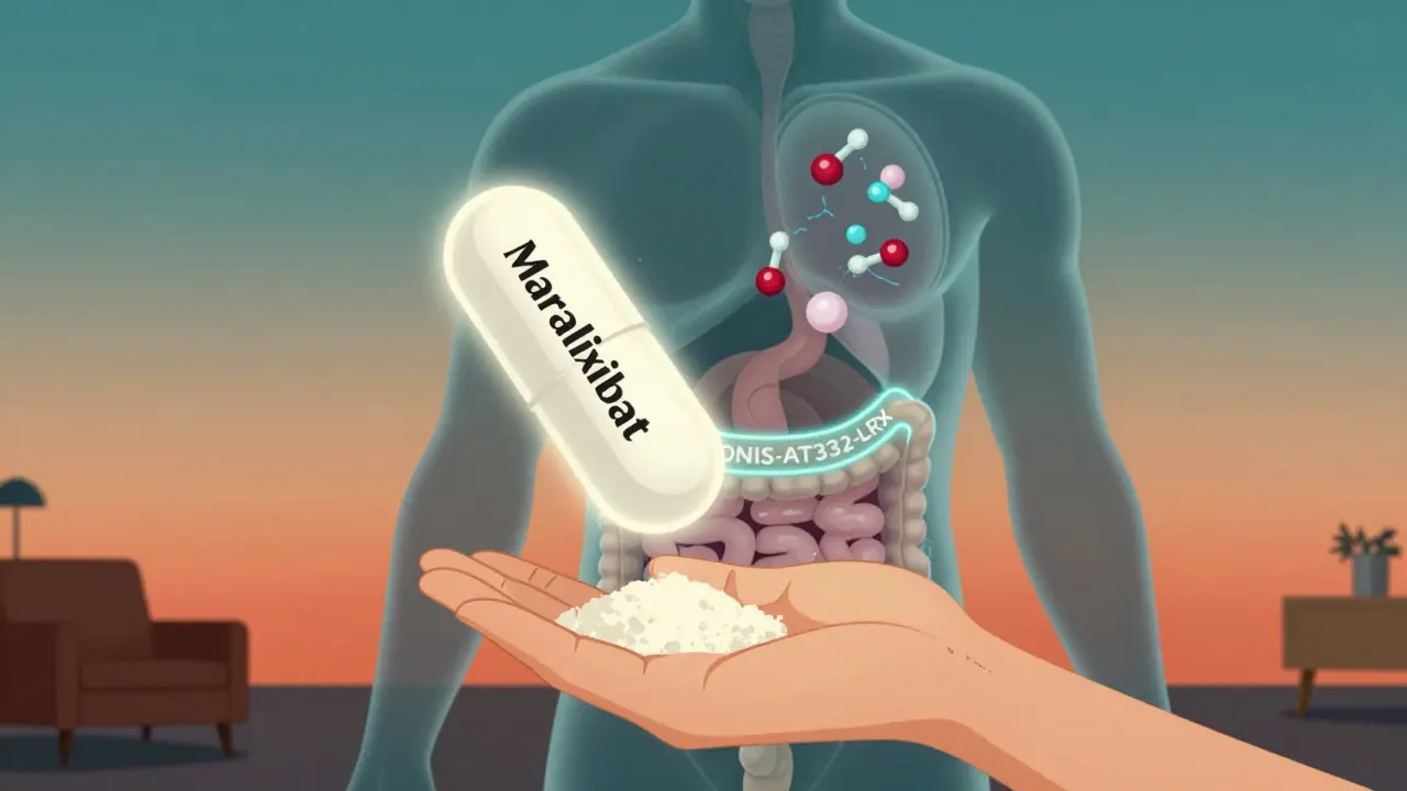 A futuristic pill blocking bile acids, with molecular inhibitors dissolving itch-causing enzymes.