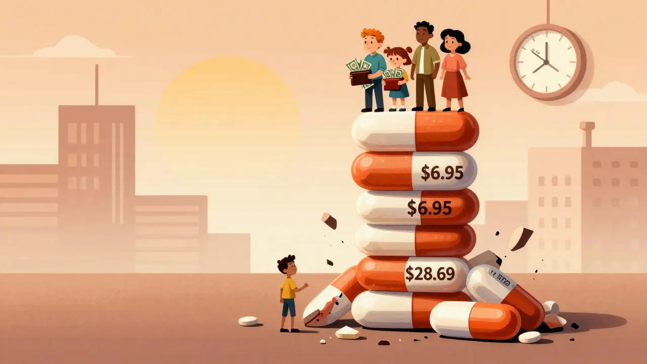 A giant stack of cheap generic pills outweighs expensive brand-name pills.