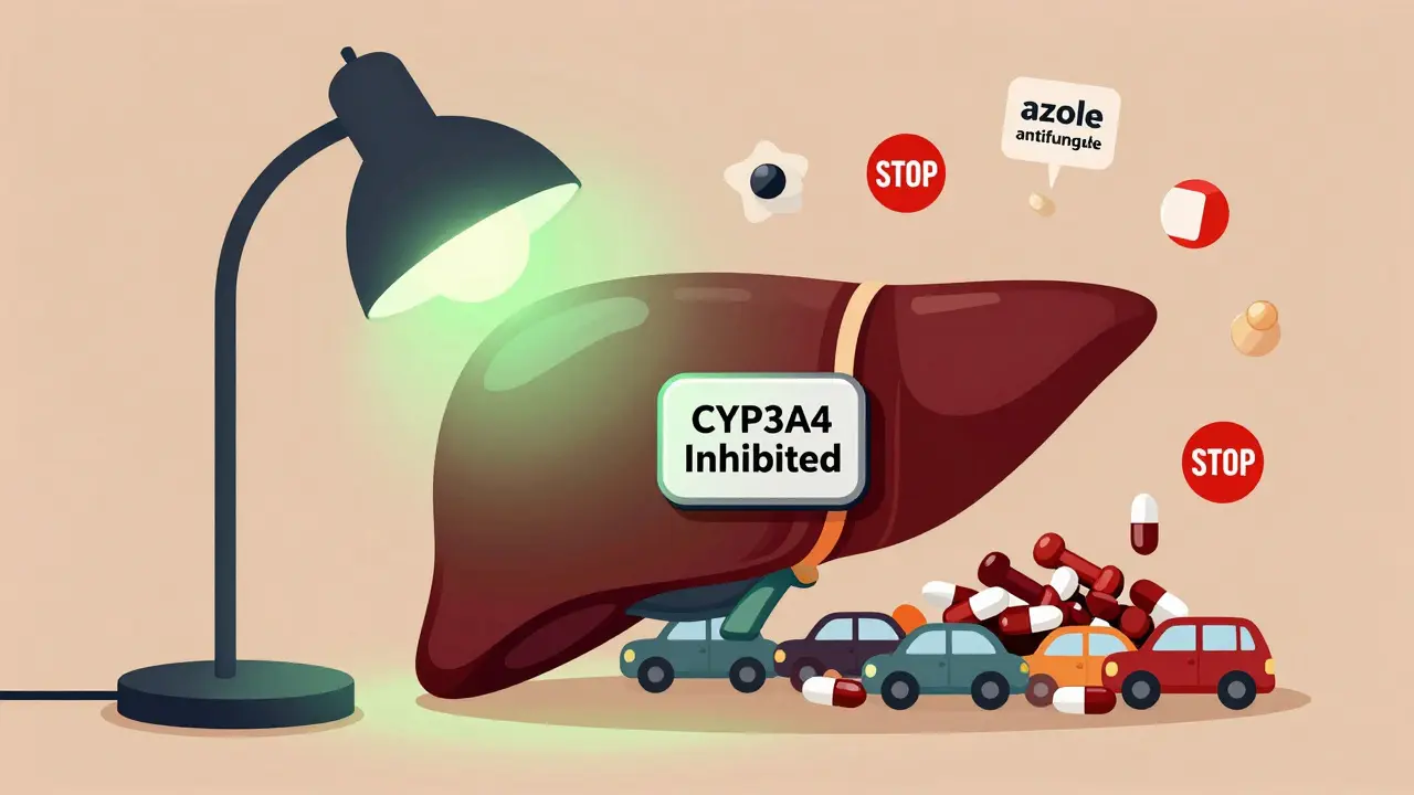 A liver shaped like a lamp with blocked enzymes and piled-up statin molecules.
