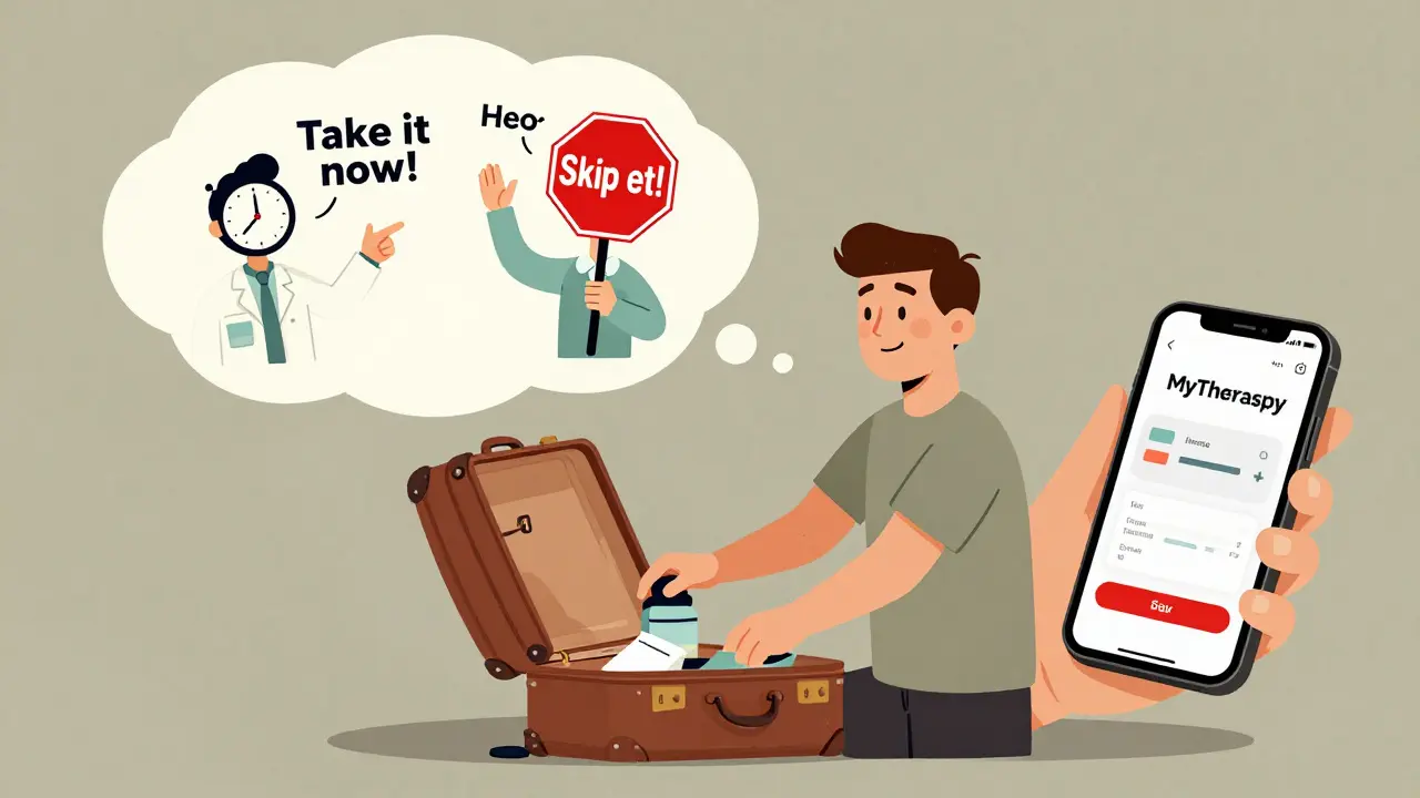 A man packing for travel with conflicting advice floating above him in thought bubbles.