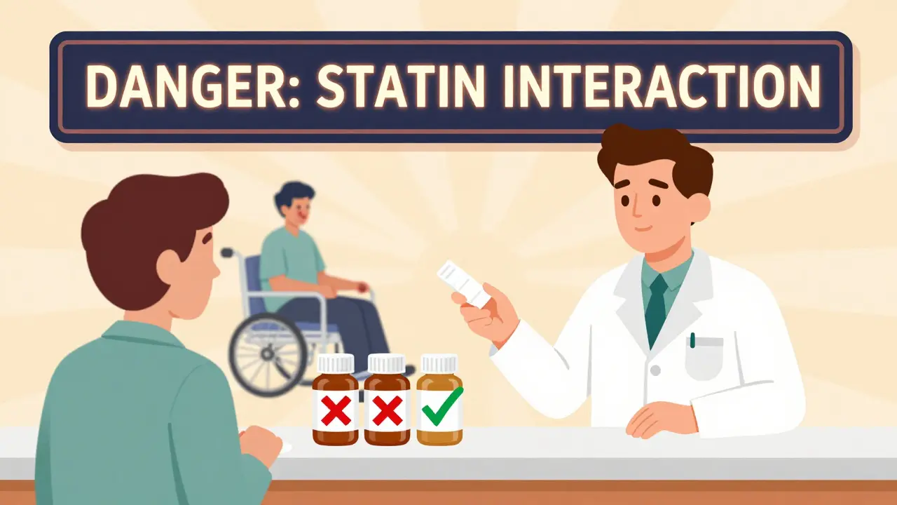 A pharmacist giving a prescription with a digital alert and statin bottles marked safe or unsafe.