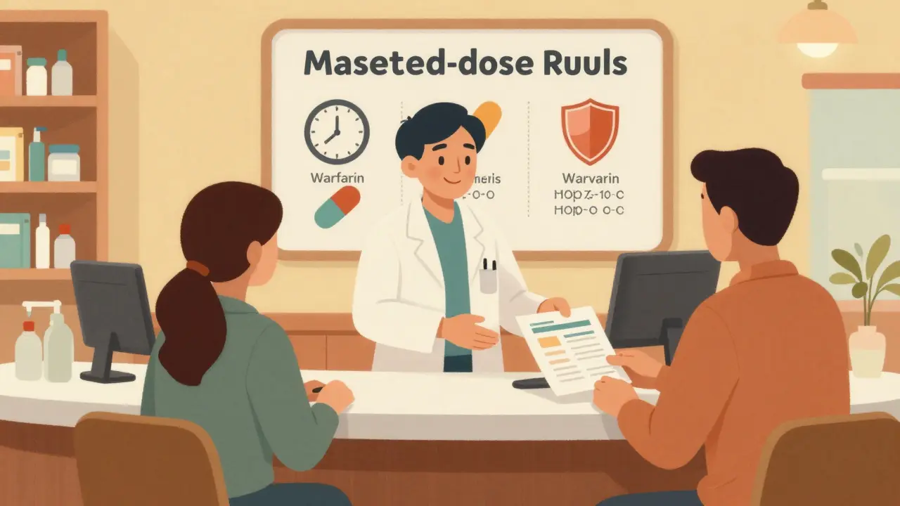 A pharmacist handing a patient a visual guide to safe medication dosing in a retro pharmacy setting.
