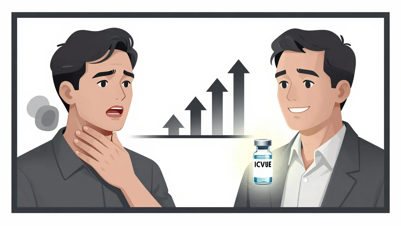 A split-panel cartoon showing a man’s health journey from throat cancer risk to prevention through vaccination.