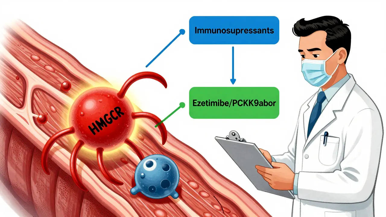 Antibody attacking muscle enzyme with treatment pathways in 1950s-style medical illustration.