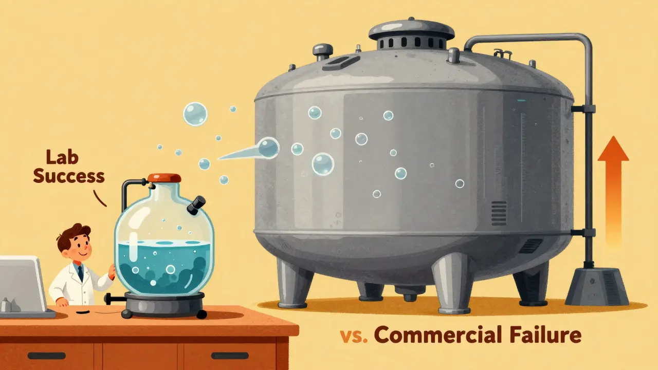 Contrast between a small lab bioreactor and a giant industrial tank, showing scaling challenges in biosimilar production.
