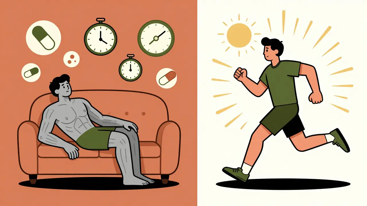 Contrasting sedentary and active lifestyles with statin-related health icons in retro graphic design.