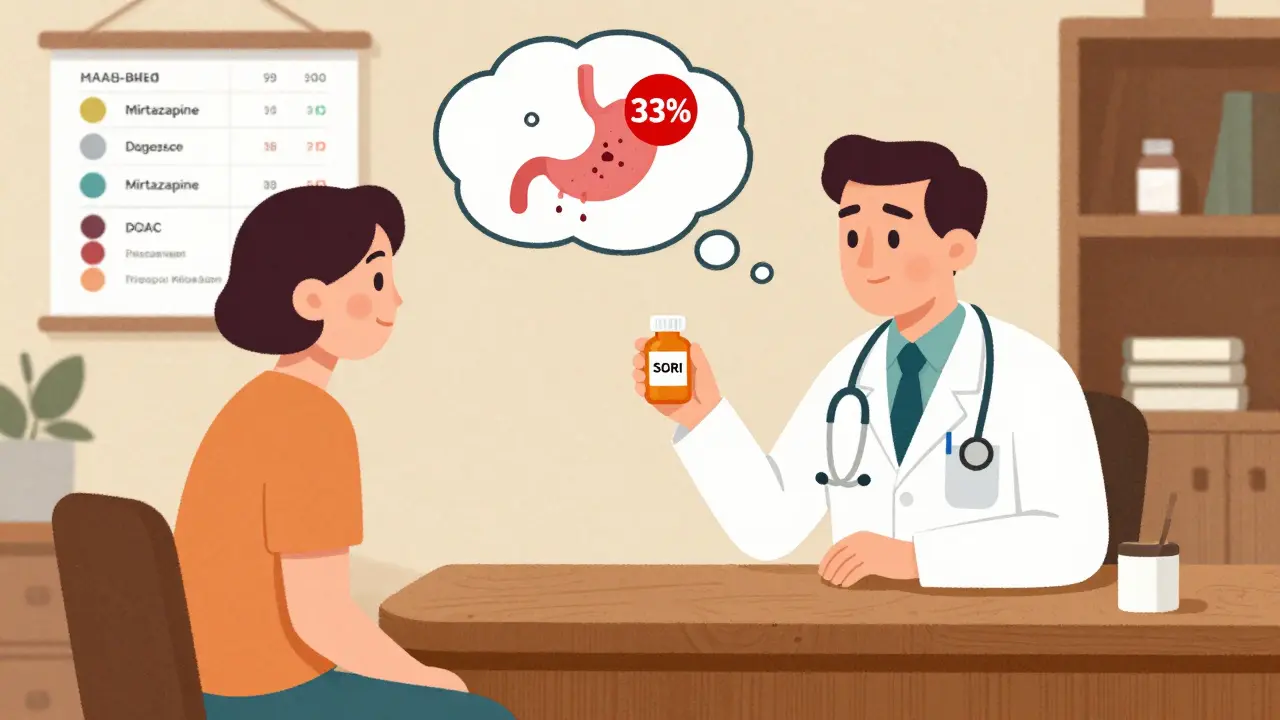 Doctor and patient at a mid-century desk, with a bleeding risk thought bubble and alternative meds shown in stylized icons.