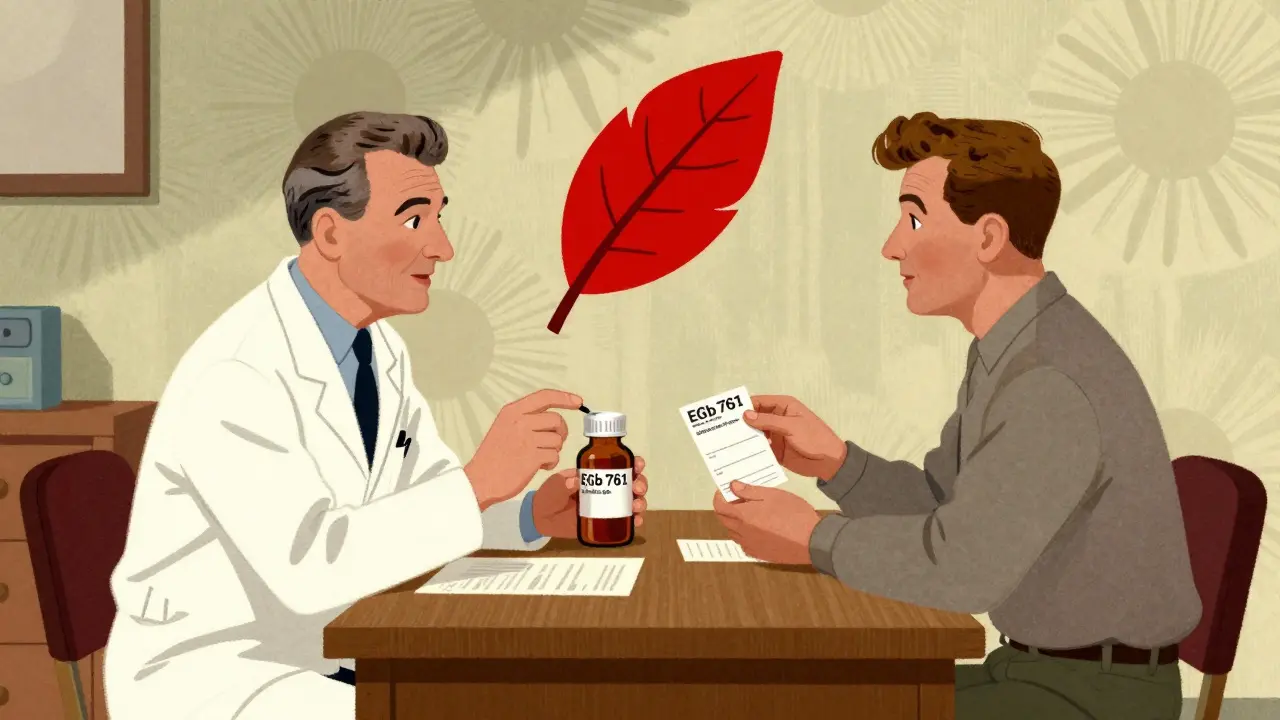 Doctor and patient discussing ginkgo supplement and blood thinner prescription at a mid-century desk.