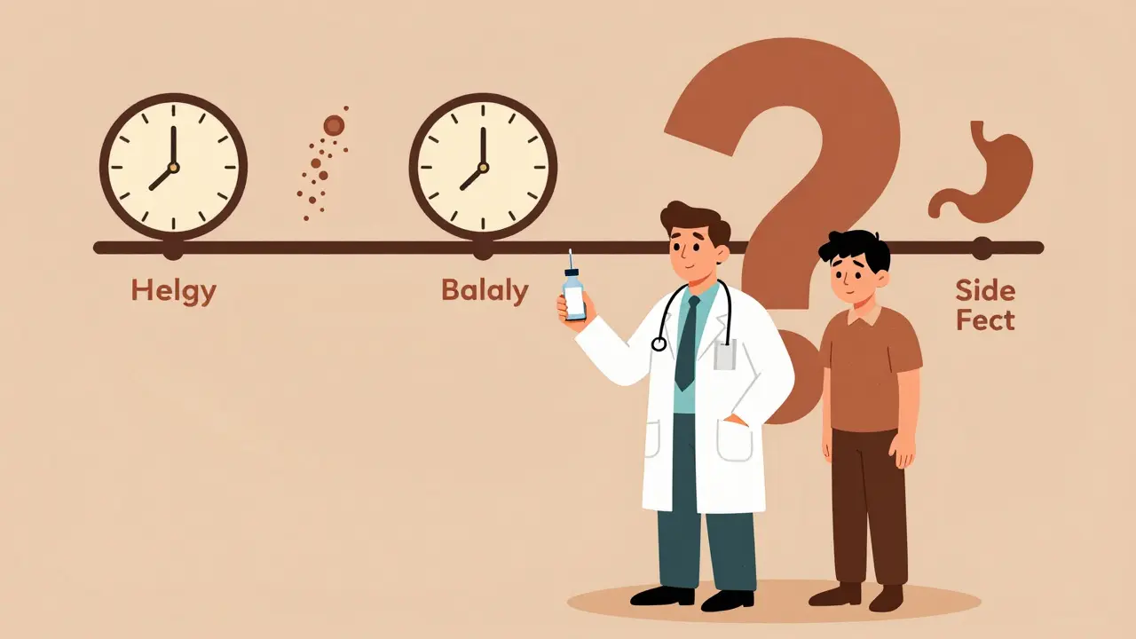 Doctor and patient with timeline showing difference between drug allergy and side effect