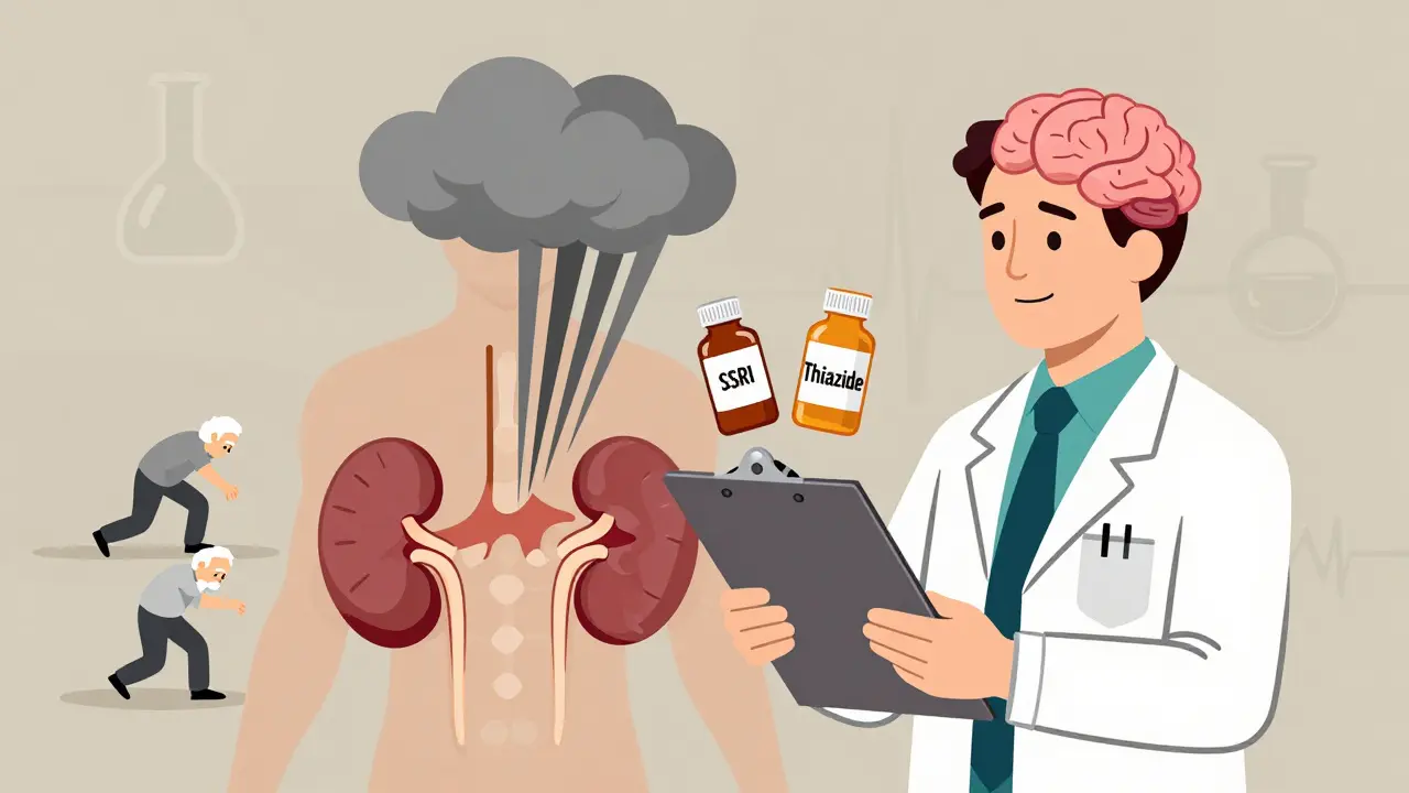 Doctor holding SSRI and thiazide pills beside a body diagram with a storm between kidneys and brain.