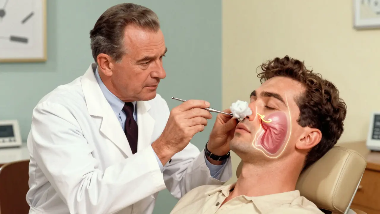 Doctor performing a nasal endoscopy with animated sinuses visible beneath skin.