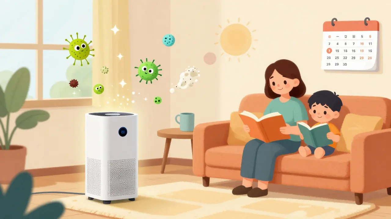 Family in a living room with HEPA filter removing cartoon allergens into sparkles.