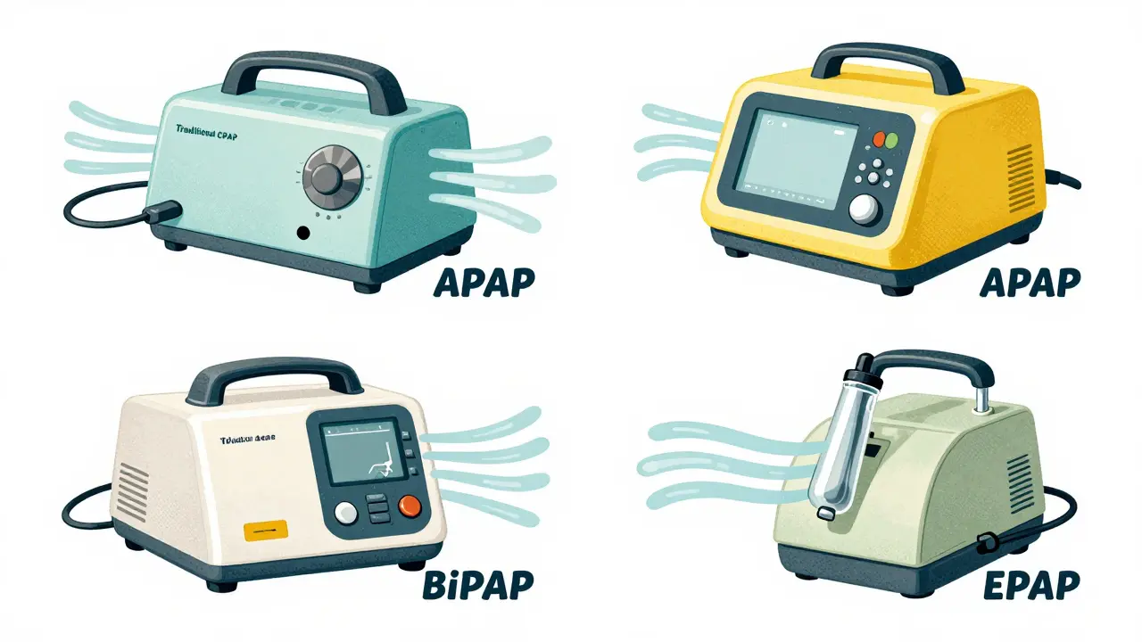 Four types of CPAP machines shown in vintage advertising style with pastel colors and air flow lines.
